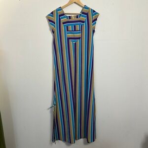 JCPenney MC Loungewear Vintage 70s Striped Maxi Dress Purple Teal Gold Large